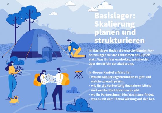 Die Illustration zeigt eine Gruppe Bergsteiger:innen vor dem Aufbrauch. Der Name des Kapitels: Basislager